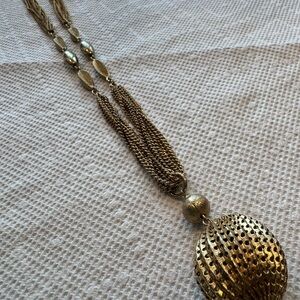 VTG 1950s Gold Tone Ball 6 Strand
Necklace Brutalist & Smooth Textured Beads